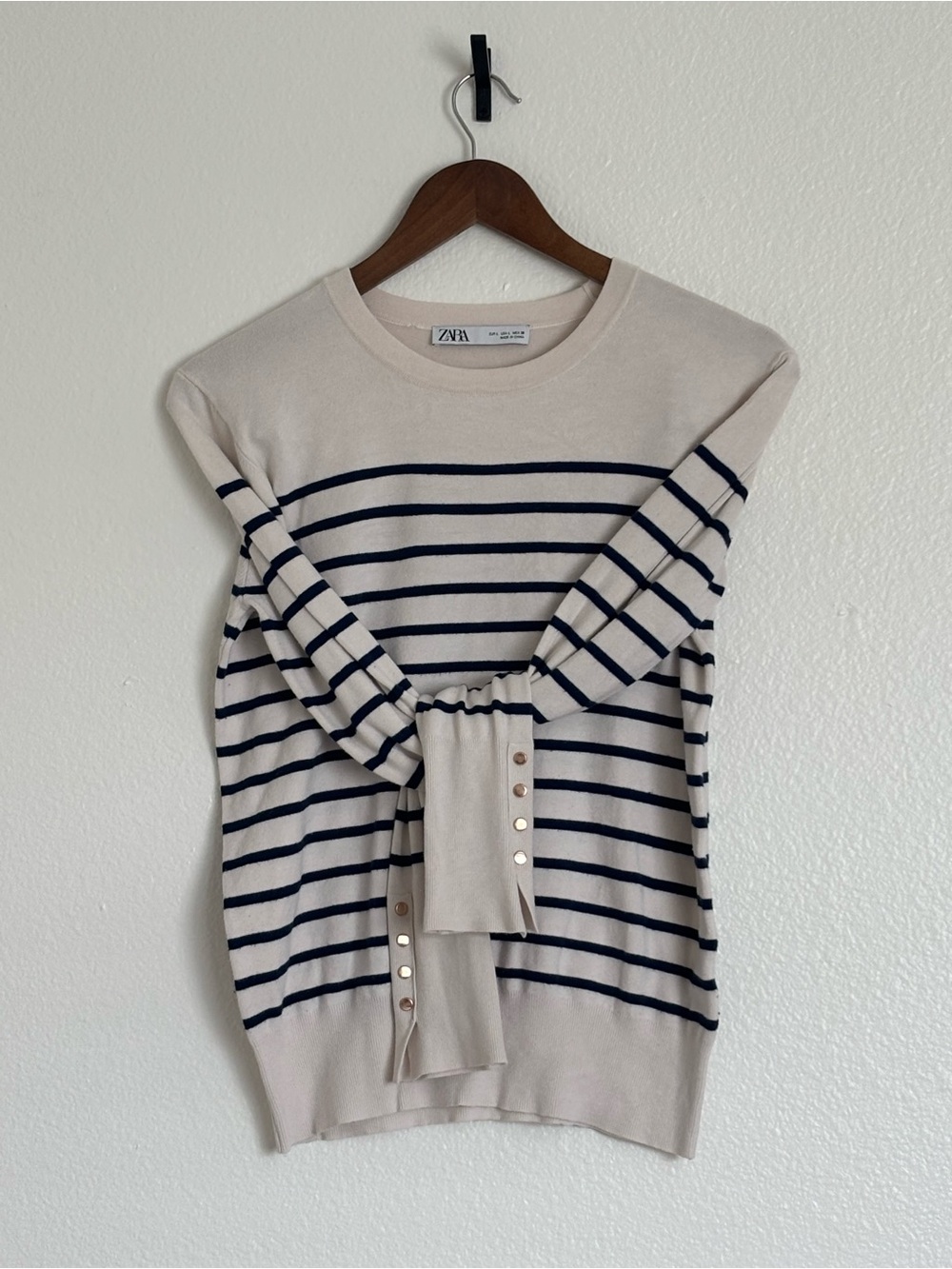 ZARA Cream Navy Striped Long Sleeve Top with Button Cuffs